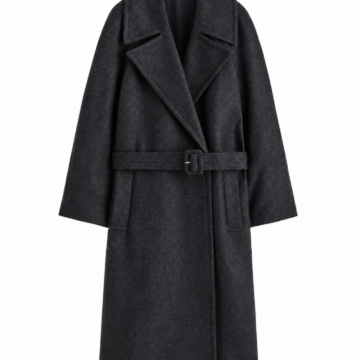 Dark Charcoal Oversized Double-Breasted Coat with Self-Tie Belt