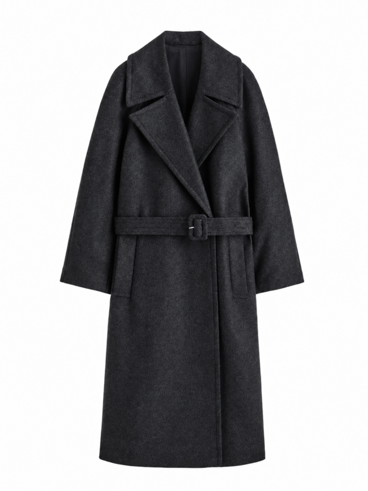 Dark Charcoal Oversized Double-Breasted Coat with Self-Tie Belt