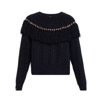 Black Knit Sweater with Fringed Yoke and Metallic Studs