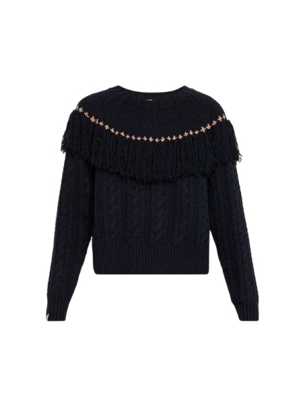 Black Knit Sweater with Fringed Yoke and Metallic Studs