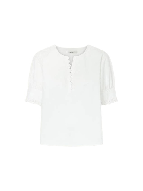 White Relaxed-Fit Short-Sleeve Top with Partial Button Placket