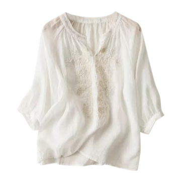 White Boho Split-Neck Blouse with Floral Lace Panels