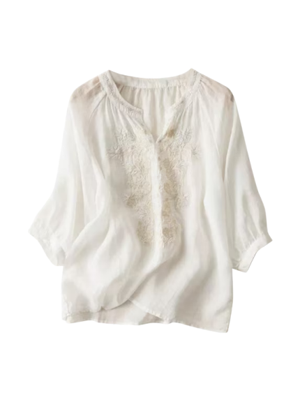 White Boho Split-Neck Blouse with Floral Lace Panels