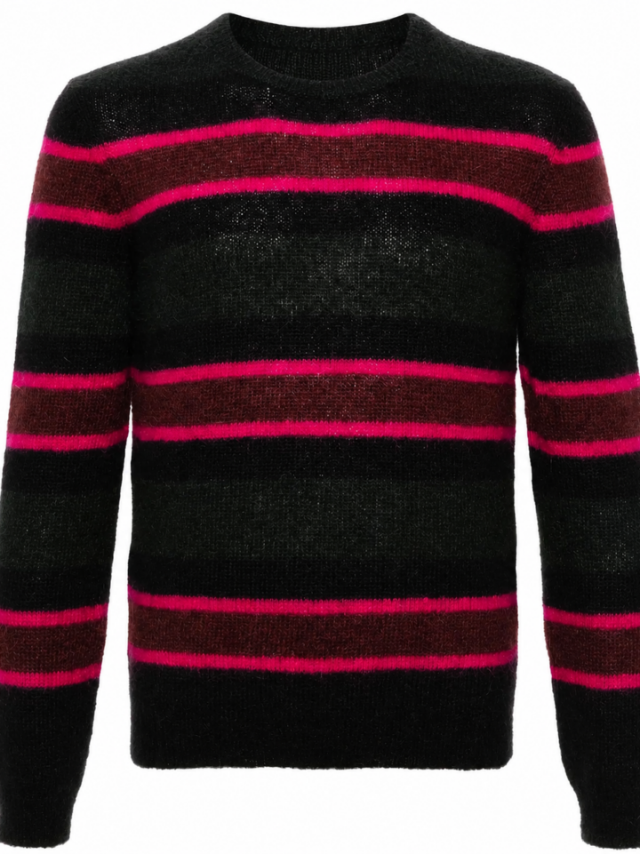 Black Striped Knit Sweater with Pink and Maroon Brushed Stripes
