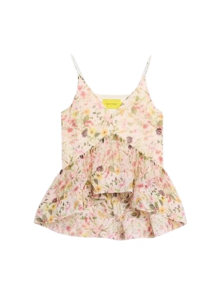 Pink Floral-Print Sleeveless Camisole with Ruffle Layers